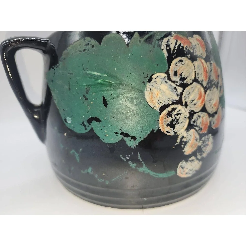Vintage Black Ceramic Hand Painted Grape Bean Pot Cookie Jar with Lid 2 Handle